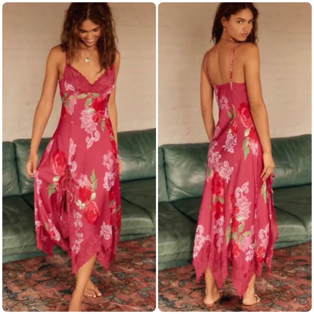 NEW Size Large Free People Can We Talk Pink Satin Floral Lace Midi Slip Dress